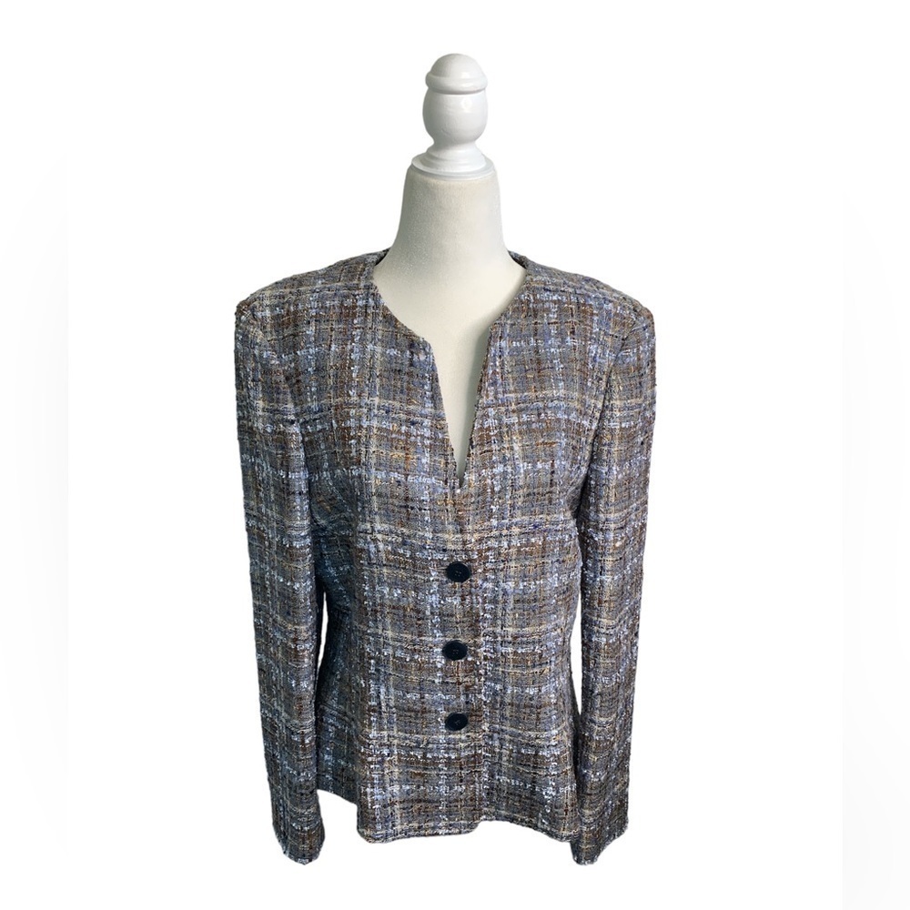 Santorelli Women's Cynthia V-Neck Tweed Blue Made in Italy Blazer Jacket sz 10